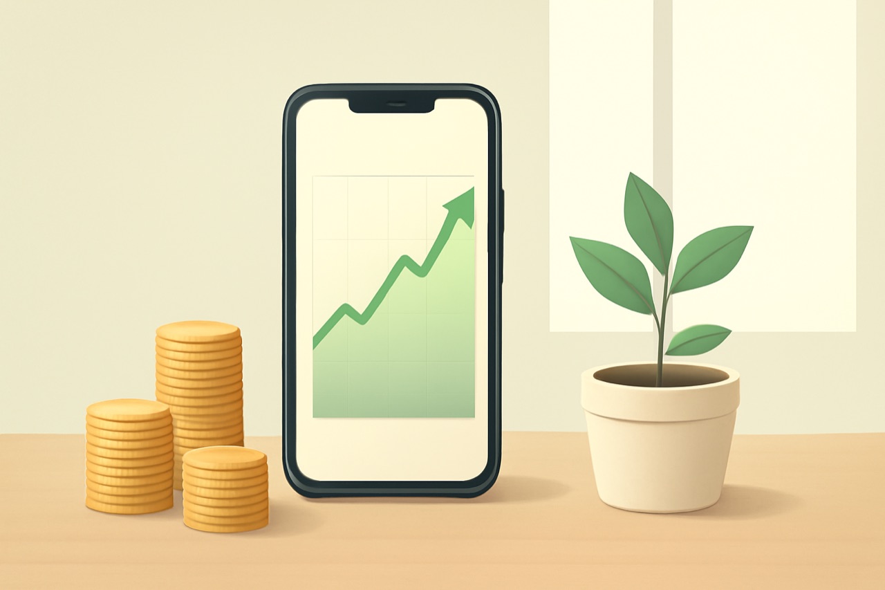 スマホに表示された上昇する貯蓄グラフと積み上がる金貨、観葉植物のイメージ